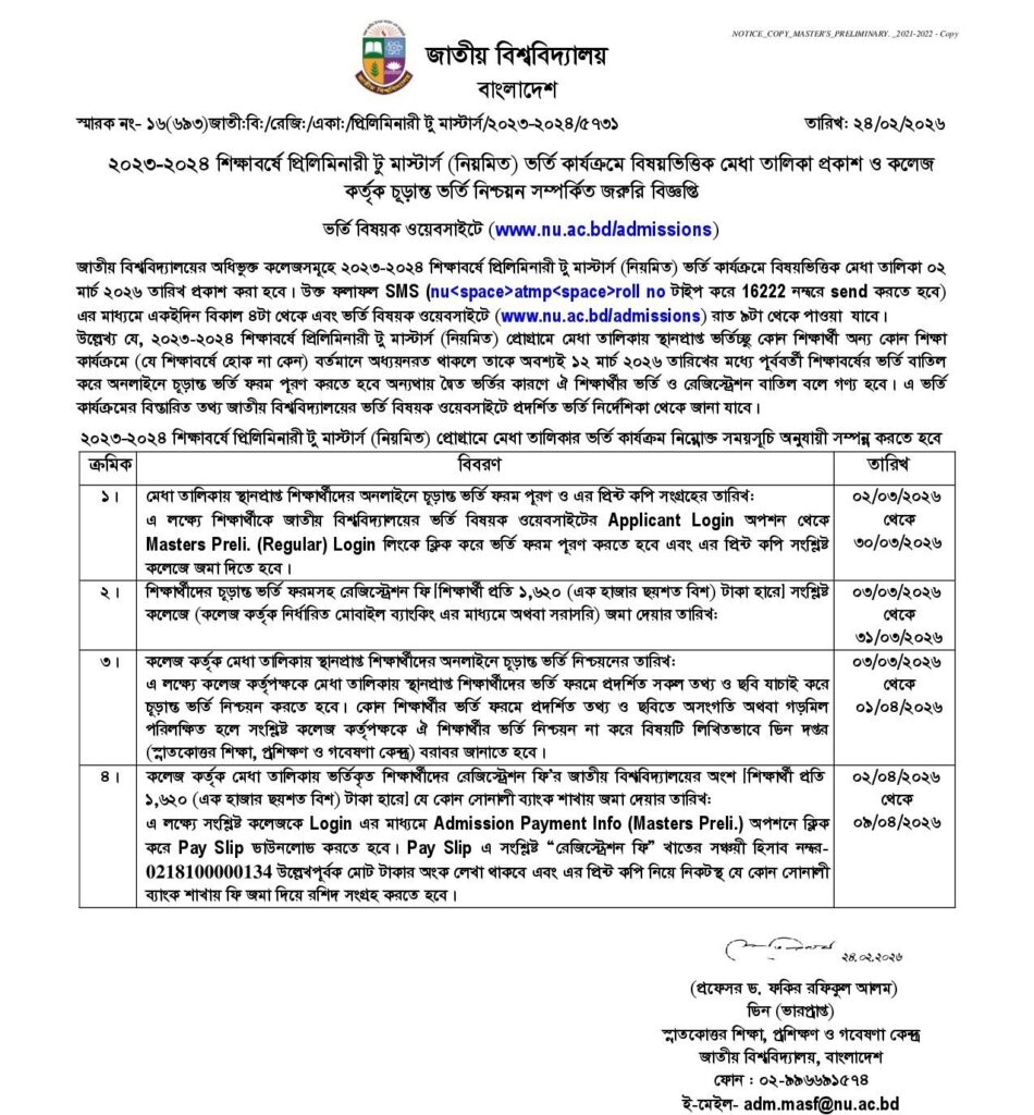 NU Masters Preliminary Admission 1st Merit List Notice 2026