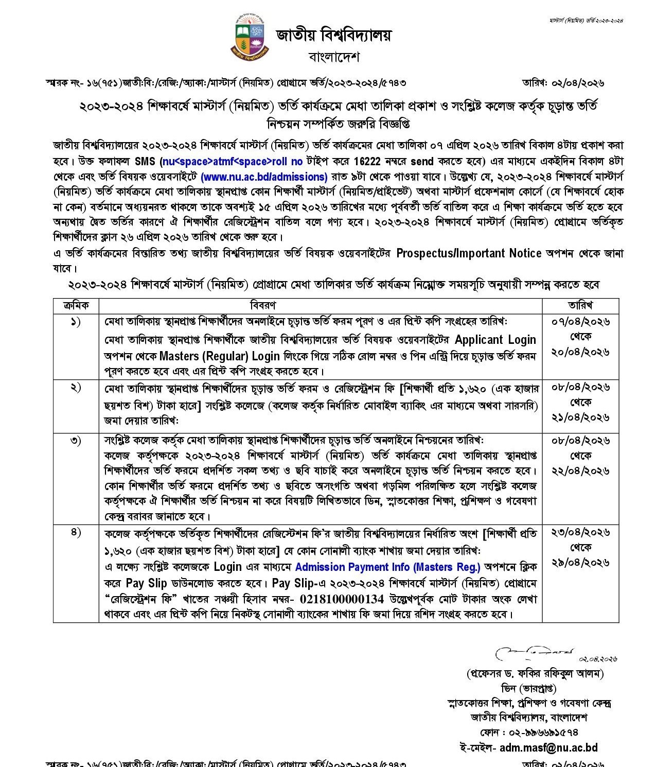 NU Masters Final Year Admission Result 2026
